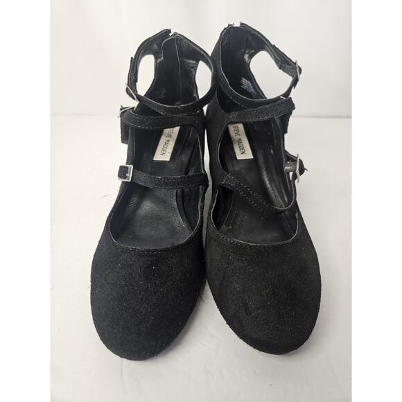 Steve Madden Black Suede Round Toe Pump Triple Adj Strap 2 Heel HEDLEY Size 8.5M - Picture 2 of 7